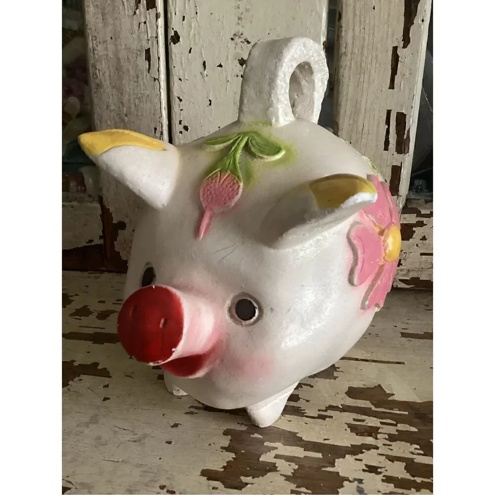 Mexico Folk Art Chalkwsre Plaster Piggy Bank Handmade 1970s Flowers